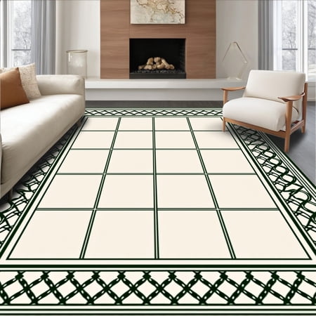 ODIKA 4'x6' Machine Washable Non-Slip Area Rug, Lattice Grid Floor with Crosshatch Border Framework High Traffic Rug, Green, 559952