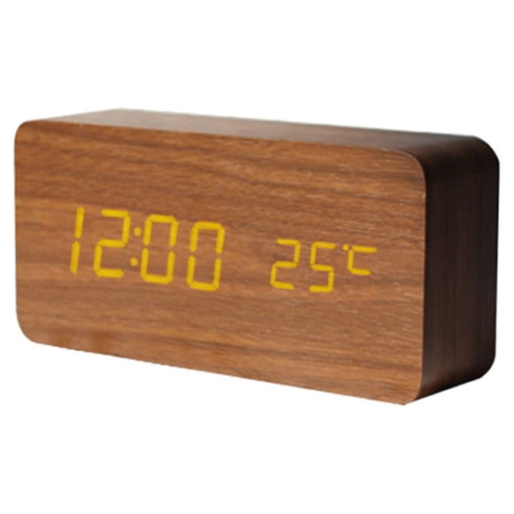 Yuarrent Despertador LED de madera digital Dormitorio Cabecera Escritorio Control de voz Despertar Relojes Calendario Decoración Temperatura Decoración del hogar Madera Marrón