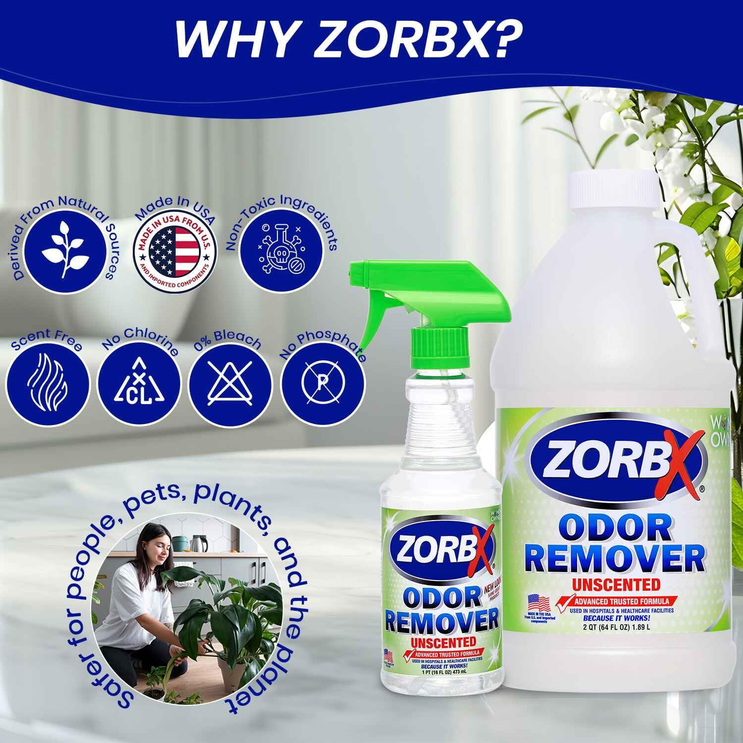 ZORBX Unscented Odor Eliminator Spray for Hospitals & Healthcare – Dog, Cat, Car & Carpet Deodorizer (16oz + 64oz)