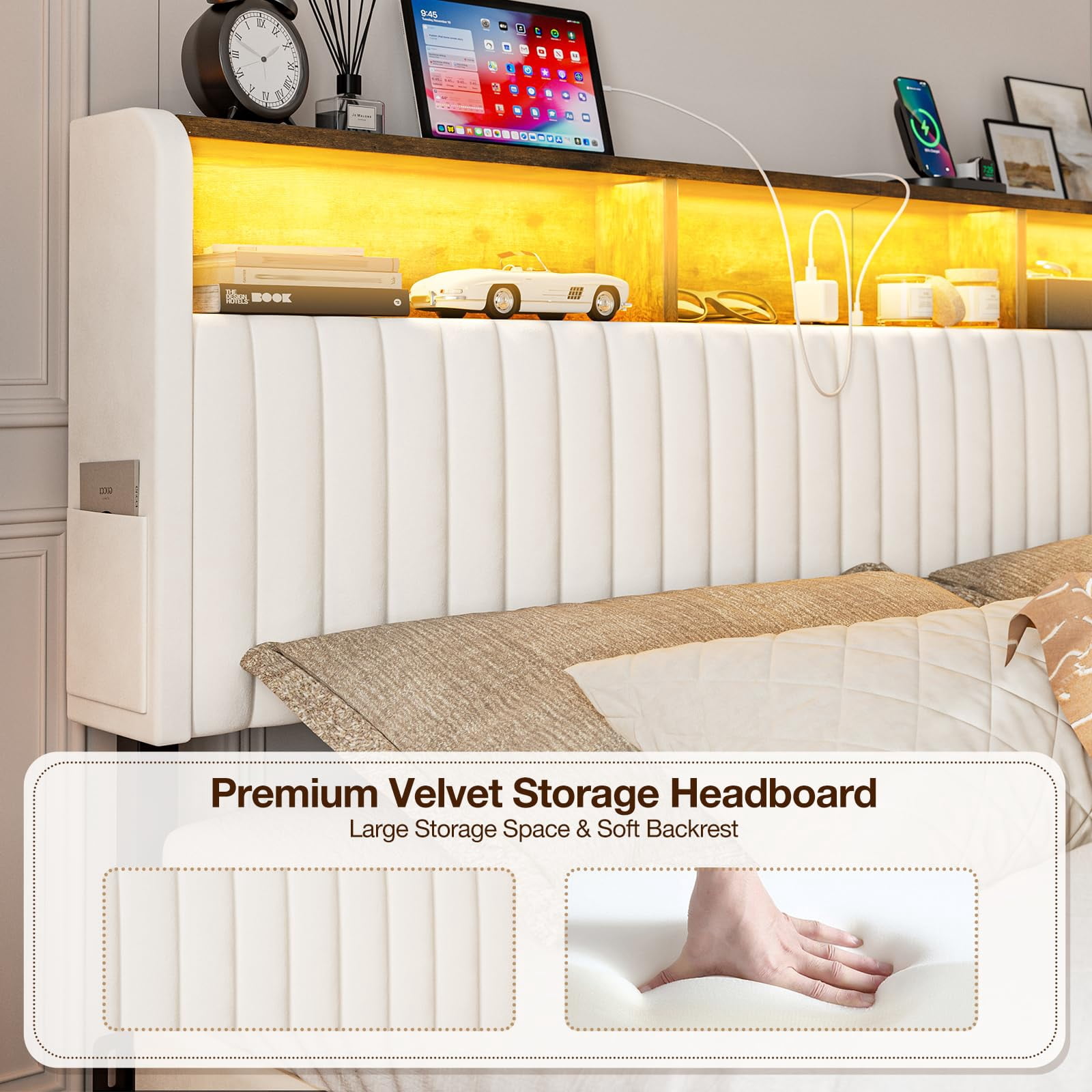 ARICOEASY King Size Headboard Modern Velvet Upholstered Headboard with Storage Shelf, LED Lights & USB Charging Station, Adjustable Height Freestanding Bed Headboard Only, White