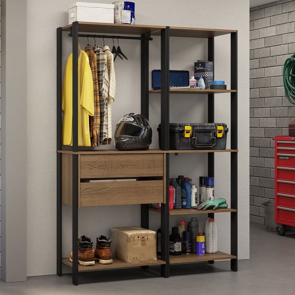 Madesa Garage Storage Rack with 2 Drawers, 7 Shelves and Hanging Space 51"L Multiuse Modular Organization Cabinet for Tools - Black/Brown