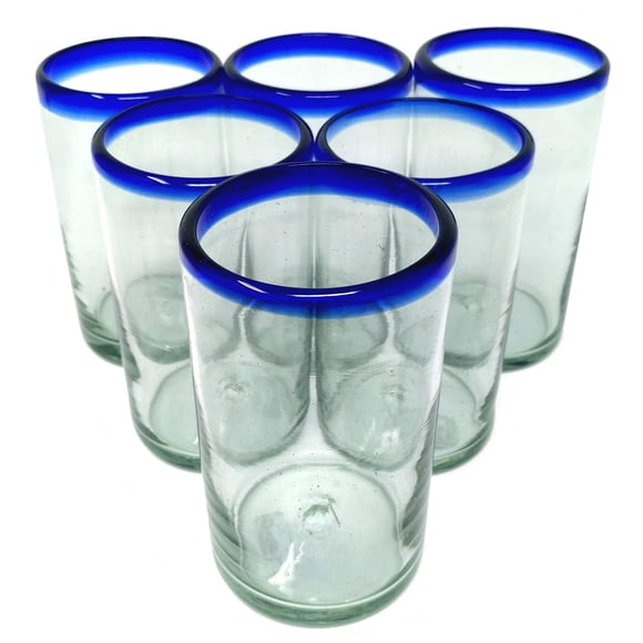 Juego de 6 vasos de vidrio Dos Sueños de 414 ml con borde azul