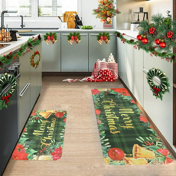 Fiudx Liquidación de ofertas flash 2 alfombrillas y tapetes de cocina navideños para el suelo, alfombrilla antideslizante, decoración de cocina con Feliz Navidad, juegos de alfombrillas de cocina, de