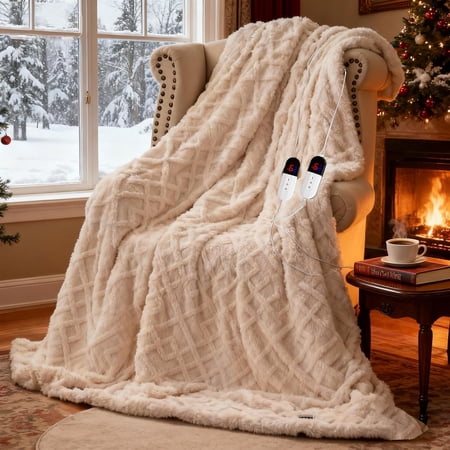 Heated Blanket Size, Dual Control,Soft Faux Blanket 90"x 100" with Overheat Protection, 6 Heating Levels & 10H Off, ETL Certification()