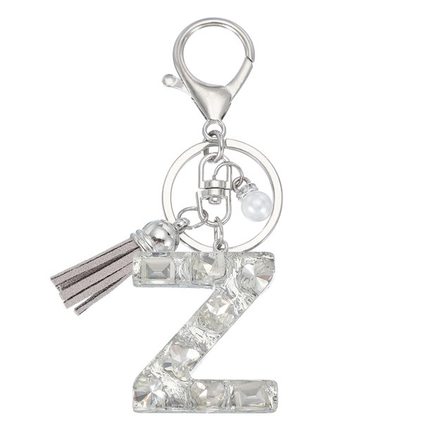 Llave de letra inicial Uxcell con borlas y perlas, llavero de letra Z brillante con strass y anillo para llaves, bolso, carteras, llaves de coche, taza, plata