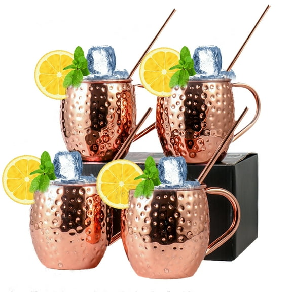 Moscow Mule 4 Handcrafted Copper Mugs & 4 Copper Straws