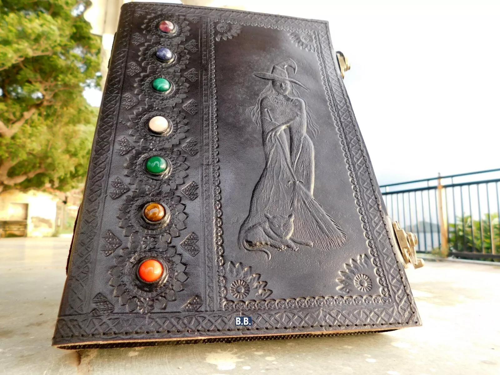 Handcrafted Embossed Witch Design Vintage Leather Bound Journal Seven Stone Grimoire Diary Blank Notebook For Men & Women