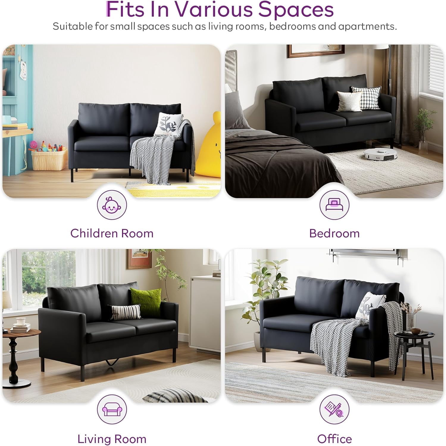 LAZZO 51" Modern Loveseat Sofa, 2-Seater Linen Fabric Couch for Bedroom & Office, Black