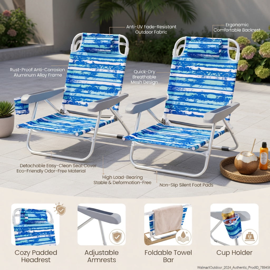 Hommoo 2-Pack Foldable Beach Chair with 5-Position Recline, Padded Headrest & Cup Holder, Lightweight Aluminum Outdoor Chairs for Beach, Camping, Picnic, Blue