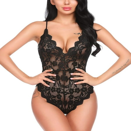 SDOTXA Women Lace Bodysuit One Piece Babydoll Mini Teddy V Neck Lingerie Red XL