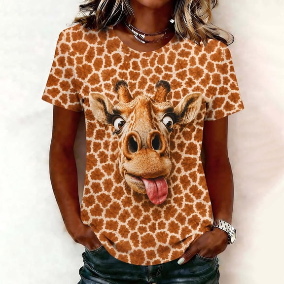 Xdegoge Womens 3D Giraffe Animal Print T Shirt Funny Graphic Tees Short Sleeve Crewneck Casual Summer Tops Cute Novelty Shirts Holiday Party Gifts S-5XL
