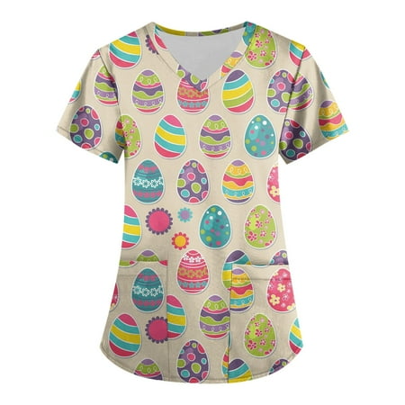 

BIZIZA Womens Scrub Tops Trendy Cute Printed Plus Size Uniform with Two Pocket Short Sleeve V Neck Womens Dressy Tops Complexion 4XL