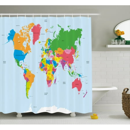 Map Shower Curtain, Classical Colorful Map of World in Political Style Travel Europe America Asia Africa, Fabric Bathroom Set with Hooks, 69W X 70L Inches, Multicolor, by (Best Ass In Africa)