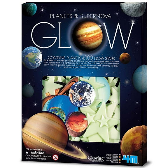 4M: Glow: Planets & Supernova - 100 Glow-In-The-Dark Wall & Ceiling Stick-Ons, Light Charging, Various Sizes, Adhesive Tabs, Kids Room Decoration