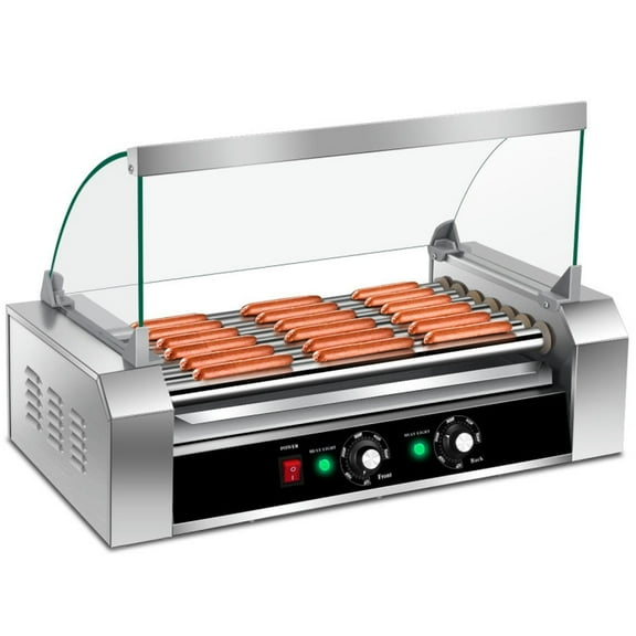 Demifill 18 Hot Dog 7 Roller Grill Commercial Cooker with Non-Stick Stainless Steel, Hot Dog Roller with Toughened Glass Hood, Hot Dog Roller for Commercial Uses, Silver