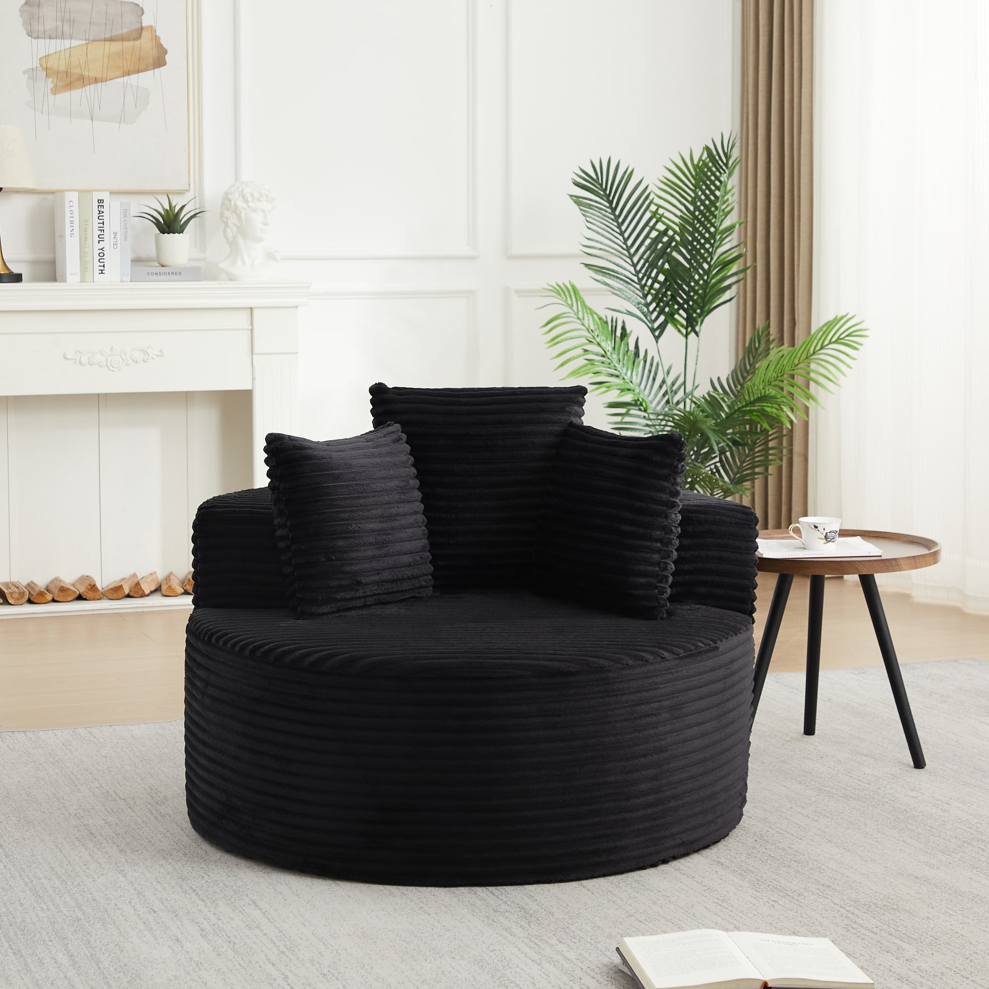 Leumius Corduroy Lounge Chair,Deep Seat Single Sofa with Pillow, Round Chaise Longue Chair for Living Room,No Assembly Required,Black