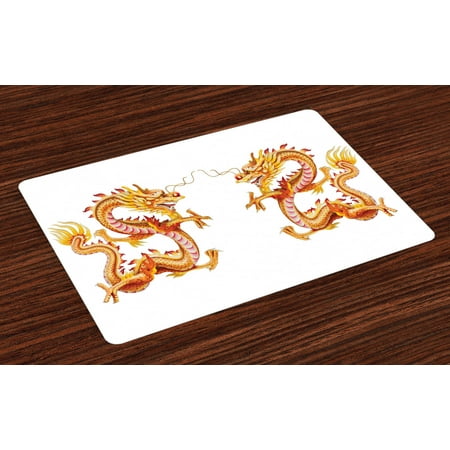 

Dragon Placemats Set of 4 Twin Fire Dragon Zodiac Statues Traditional Asian Art Chinese Philosophy Themed Picture Washable Fabric Place Mats for Dining Room Kitchen Table Decor Golden by Ambesonne