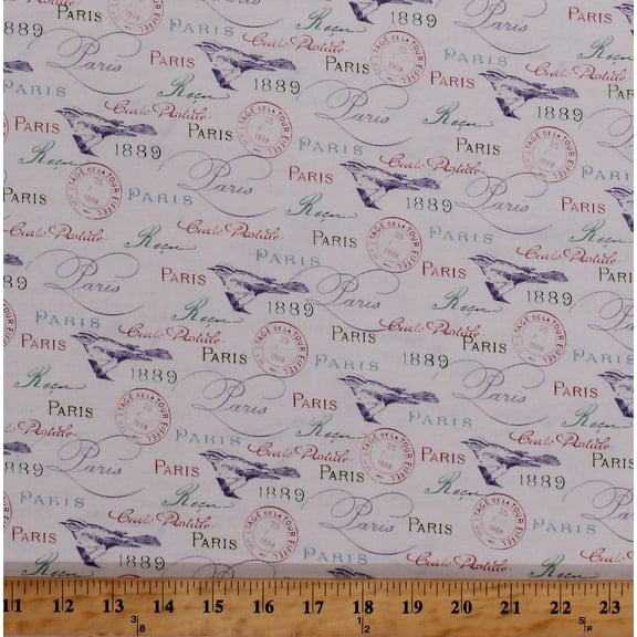 Robert Kaufman Paris France French Words Cursive Script Birds Stamps 1889 World Fair Paris in Bloom White 100% Cotton Fabric sold by the yard