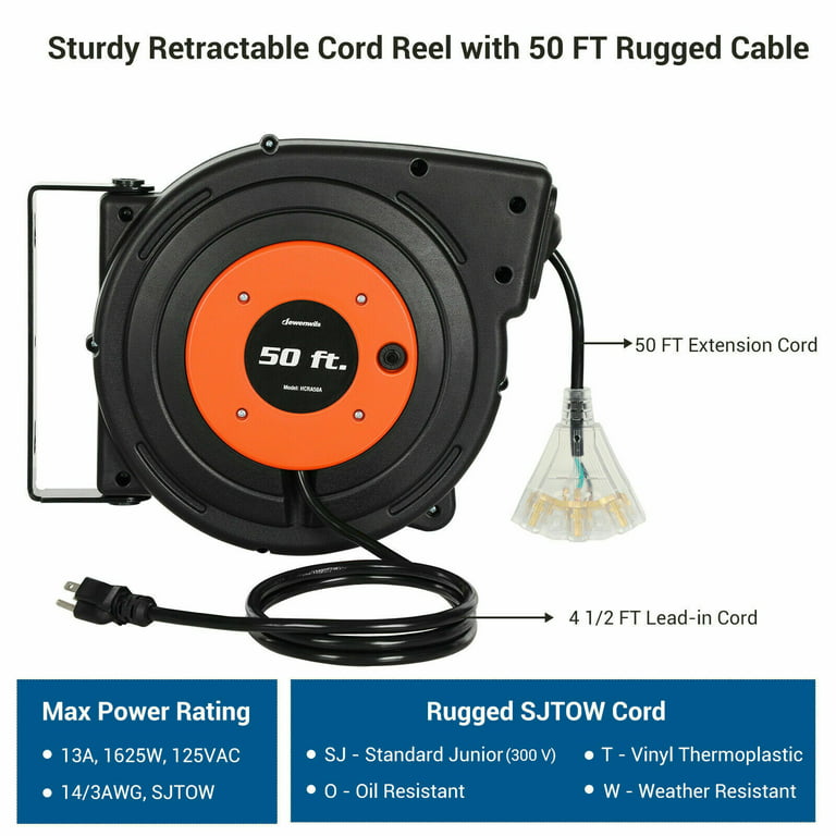 VEVOR Retractable Extension Cord Reel, 45 FT, Heavy Duty 12AWG/3C SJTOW Power  Cord, with Lighted