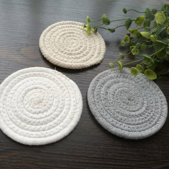 Yuangui 4PCS Round Braided Woven Placemats Cotton Heat Resistant Non-Slip Cup Bowl Coasters Pot Pads Kitchen Table Mats (Grey) - Small Size