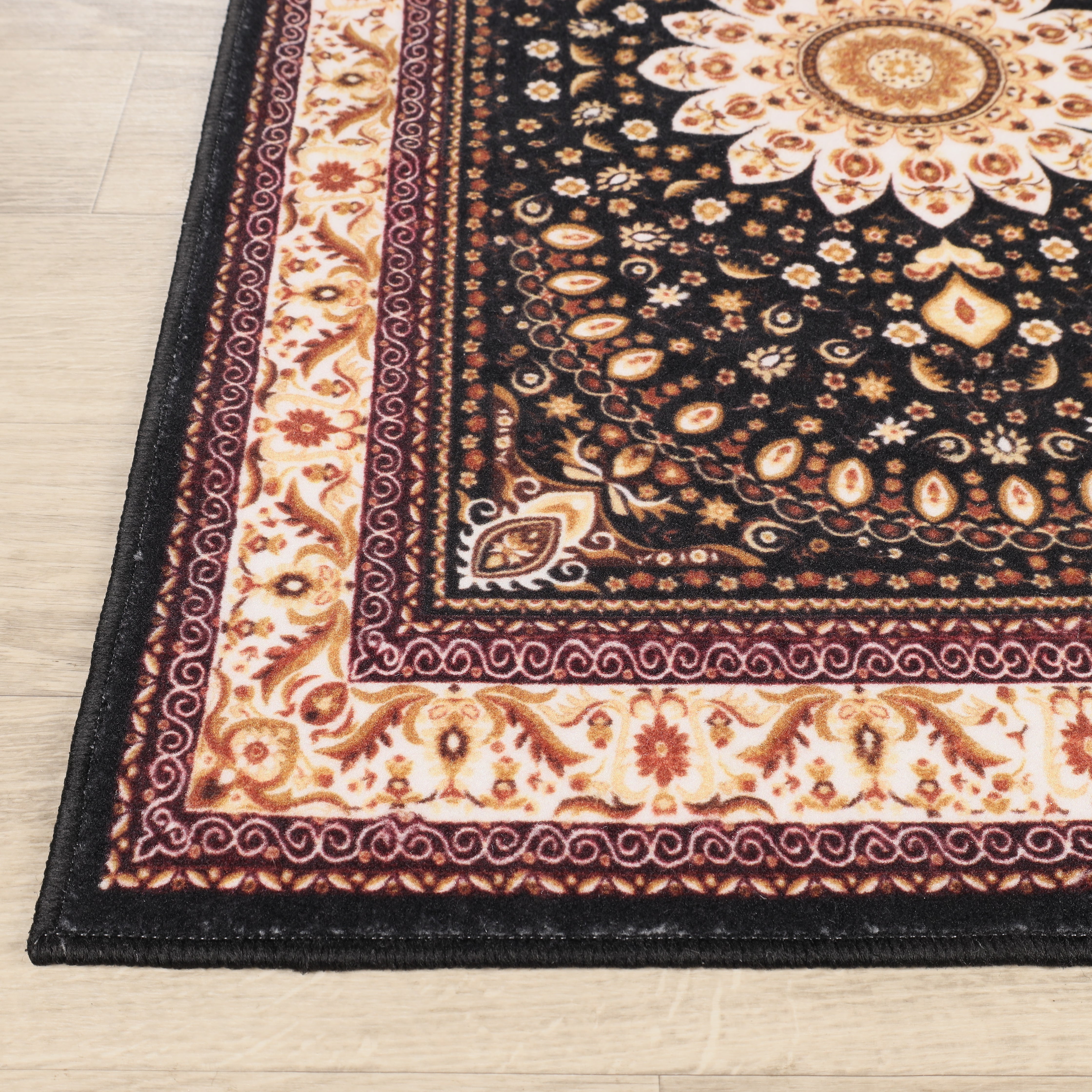 Superior Milan Floral Medallion Washable Indoor Area Rug, 10' x 14', Black - Ivory