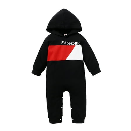 

KIMI BEAR Newborn Boys Romper 6 Months Newborn Boy Autumn Winter Bodysuit 9 Months Newborn Boy Casual Letter Print Hooded Stitching Long Sleeve Jumpsuit Black