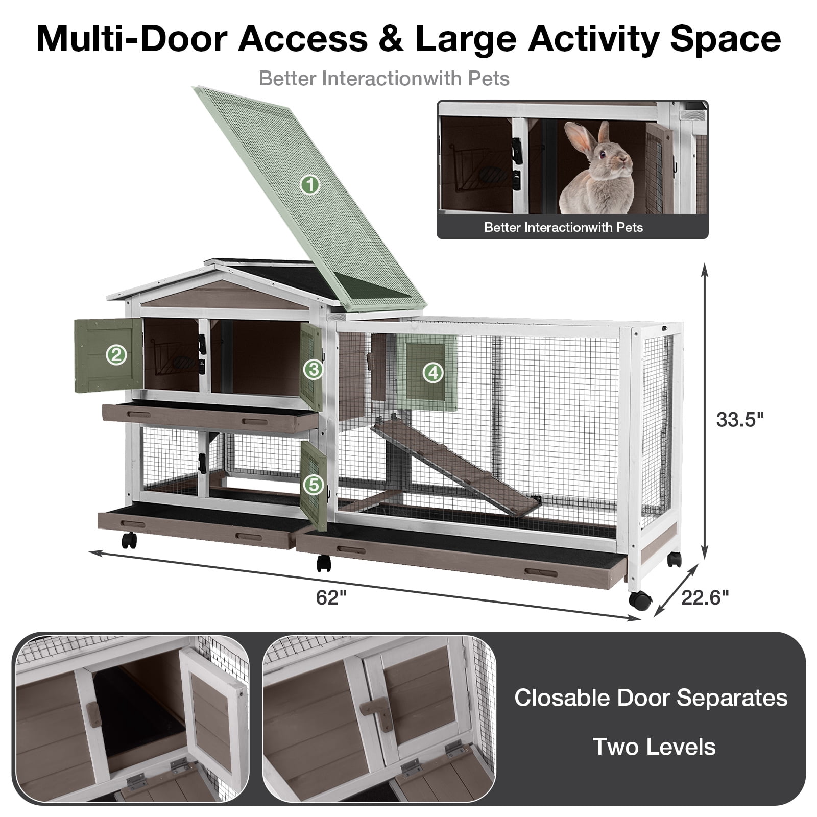 Aivituvin 62" Rabbit Hutch with Wheels for Outdoor & Indoor, 2-Story Bunny Cage with Pull Out Tray, Chew-Proof Ramp, Waterproof Roof, Brown