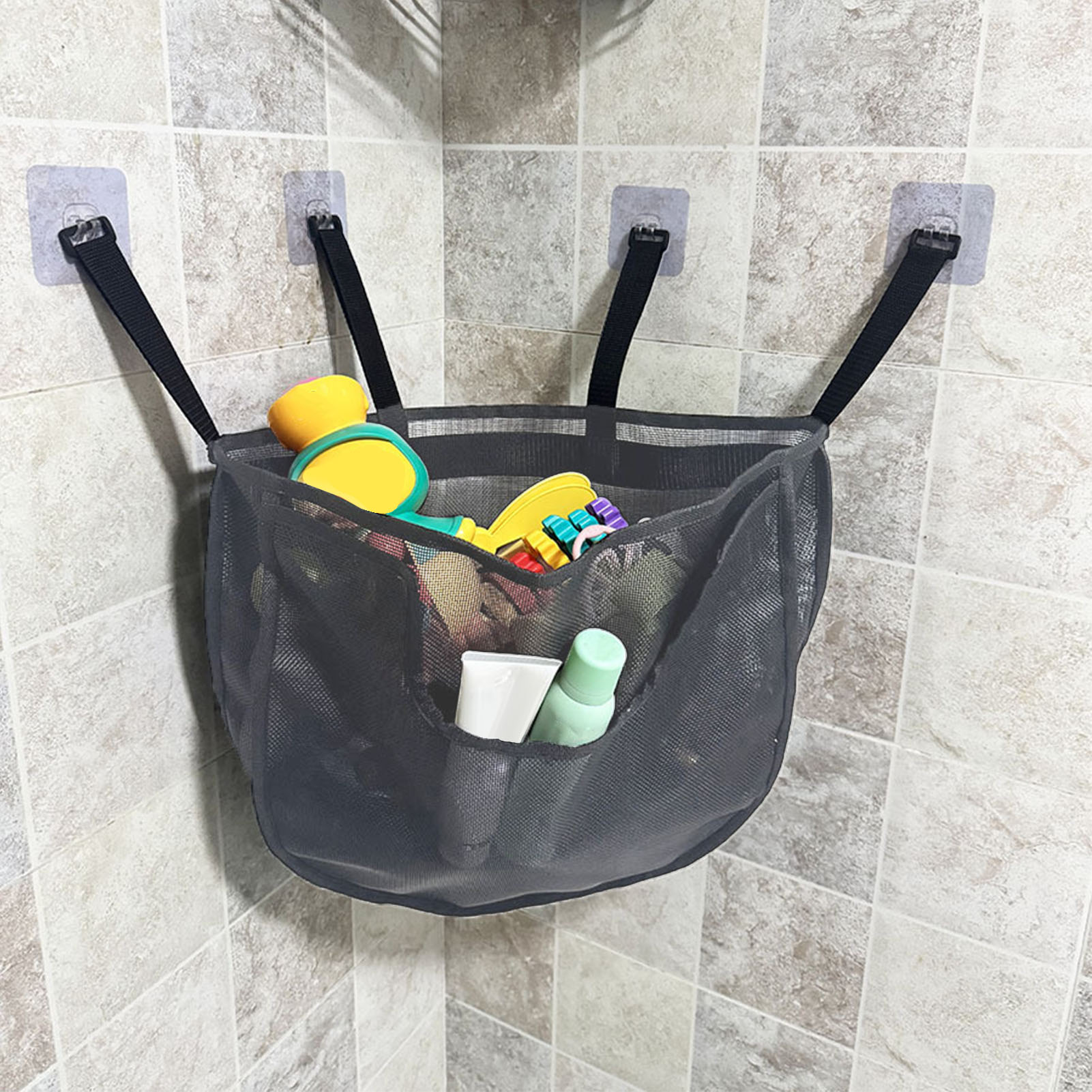 Rupoun Mesh Bath Toy Organizer Large Capacity Wall Hanging Zippered Storage Bag with 4 Adhesive Hooks for Bathroom Gray, 22 x 14.6 inches / 56 x 37 cm