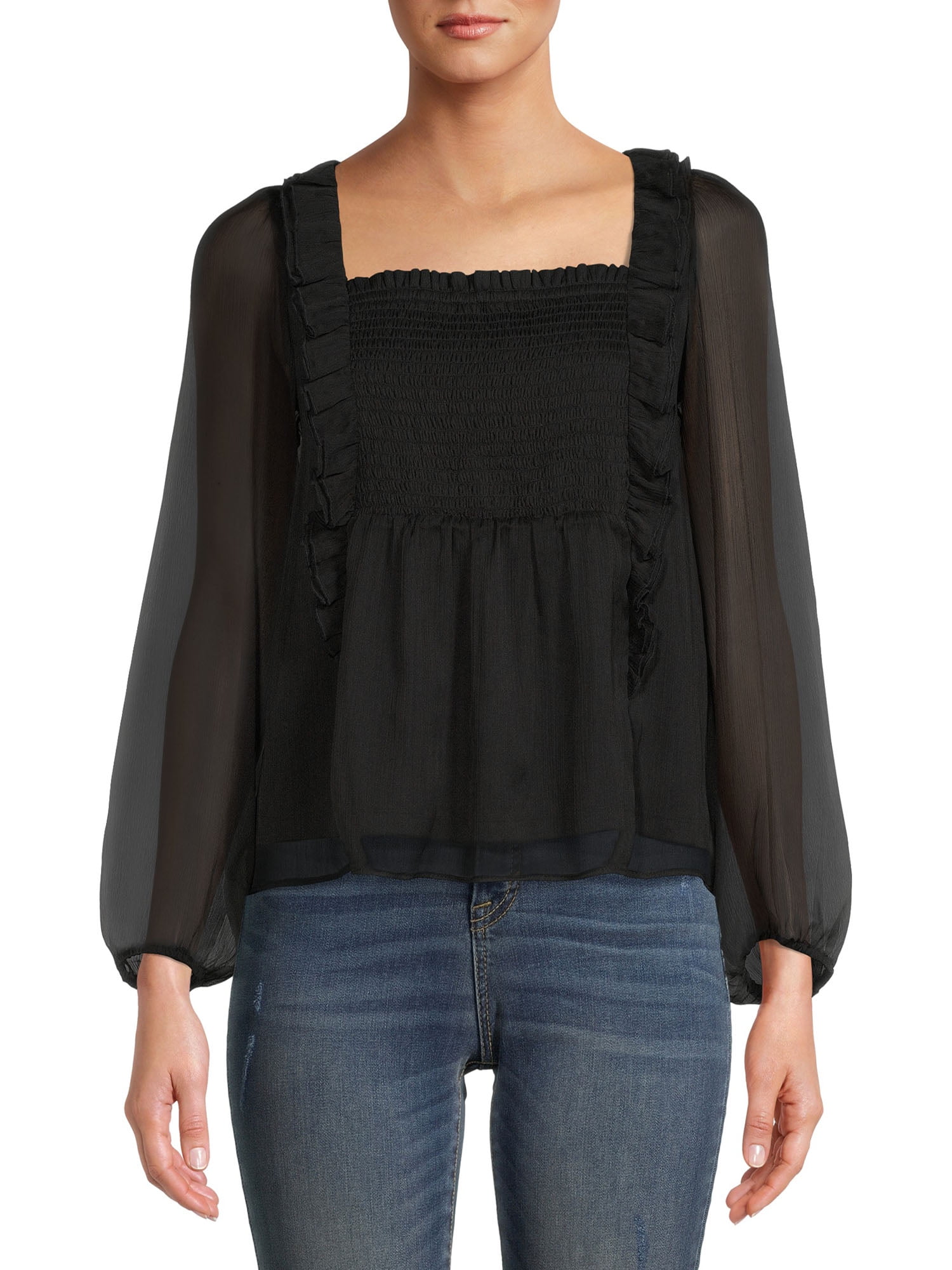 Time and Tru Women's Smocked Ruffle Top with Long Sleeves - Walmart.com