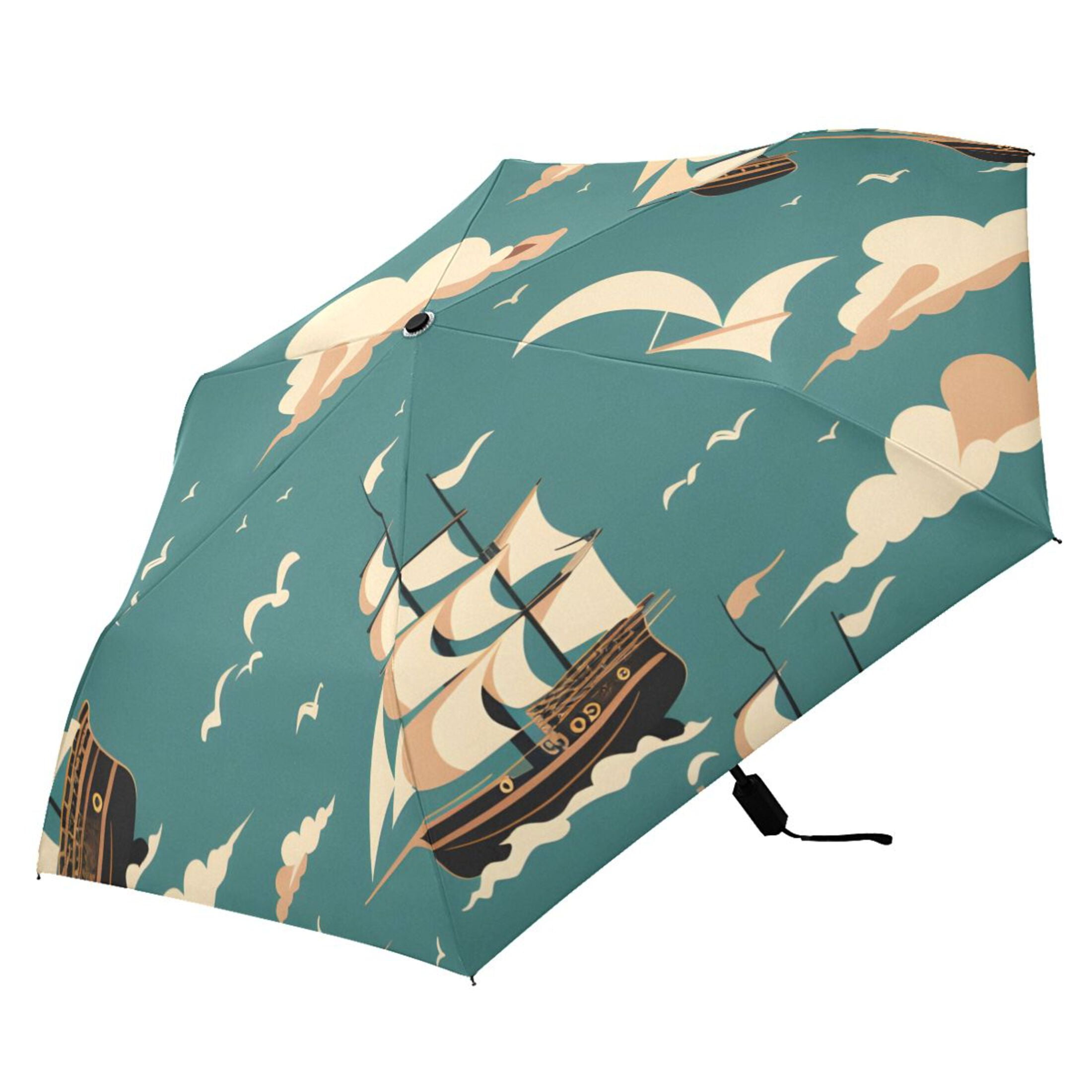 ALAZA Sailboat Seagulls UPF 50+ Compact Folding Umbrella for Rain Travel Umbrella Packable