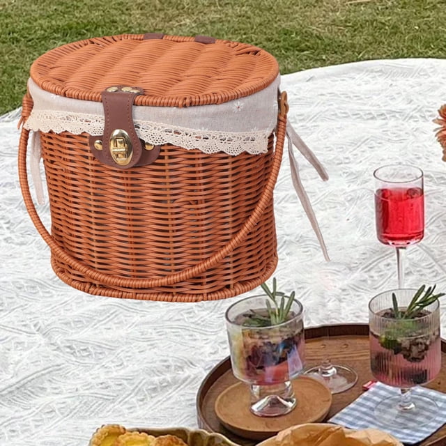 Cesta de canasta de picnic Canasta tejida Rústica resistente con tapa y mango de almacenamiento de almacenamiento de contenedor de almacenamiento para