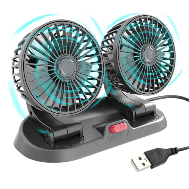 Dual-Head 12V/24V USB Car Fan for Trucks RVs - 2-Speed Adjustable, 360° Rotatable Multi-Angle Cooling, ABS Material with Encrypted Grid, Compact 8.7" Portable Vehicle Fan for Summer Heat Dissipation