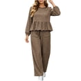 thumbnail image 3 of DYTTDG Women's Plaid Print 2-Piece Outfit Set | Long-Sleeve Crew-Neck Ruffle-Hem Top & Elastic Drawstring-Waist Pocket Wide-Leg Pants for Daily Casual Wear, 3 of 8