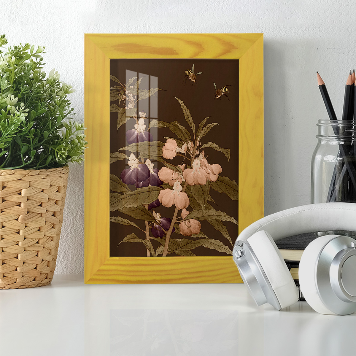 Asian Brocade IV - Framed Print w/glass - Sunflower Yellow