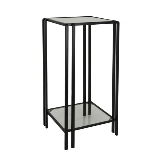 Buckley Plant Stand Table, Black Metal, Square Mirrored Top, 28 Inch