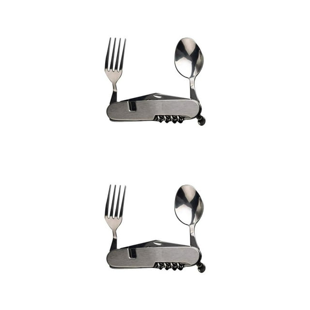 Yuarrent Vajilla plegable 6 en 1 para exteriores, cubiertos de acero inoxidable para acampar, sacacorchos, herramienta turística, equipo de S/acero inoxidable 2Conjunto