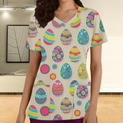 LSLJS Women Easter Nursing Scrubs Top Egg Bunny Print Working Uniform Short Sleeve V Neck Workwear Blouse T-shirt with Pockets