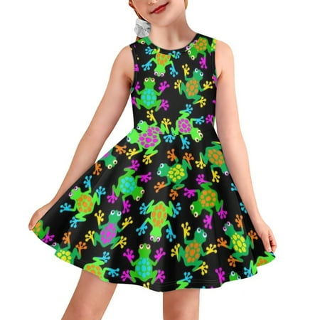 

Pzuqiu Summer Girls Dress Funny Hippie Frog Print Twirly Tank Dresses Sleeveless Daily Life Dress Summer Clothing for Toddler Size 5-6