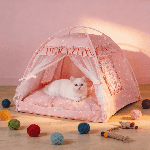 Pet Tent Cave Bed for Small Dogs Cats, Indoor Outdoor Warm Plush Nest Sleeping House, Portable Kitty Puppy Shelter, 15.7x15.7x14.5 inch, Pink