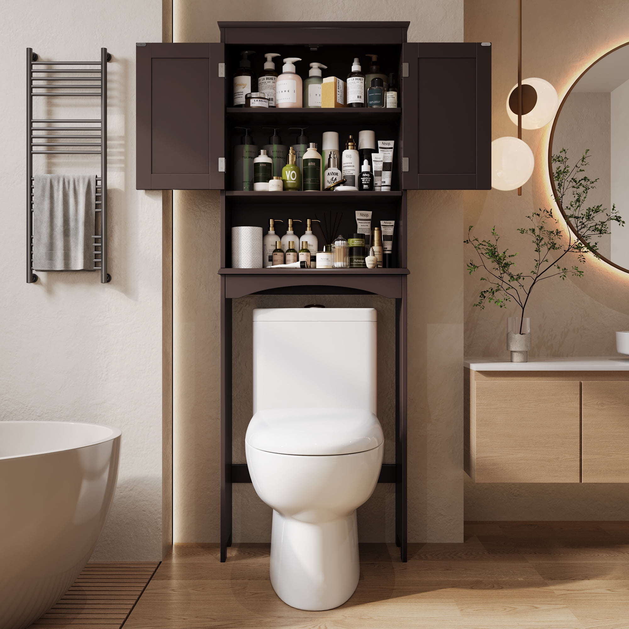 Asofer Over the Toilet Storage Cabinet, Adjustable Sturdy Shelf and 2 Wood Doors, for Bathroom, Dark Brown