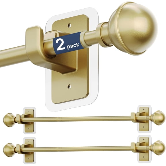 2 Pack 28-48" No Drill Curtain Rods, Renter Friendly, Gold