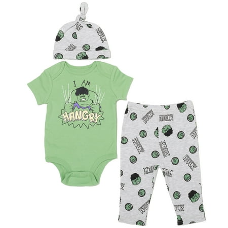 

Marvel Avengers Hulk Newborn Baby Boys 3 Piece Outfit Set: Cuddly Bodysuit Pants Hat green / Gray 0-3 Months