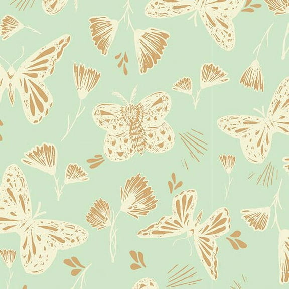 Mint Butterfly Fabric, Art Gallery, Sweetly Sings Golden, organic, Sold by the Quarter Yard