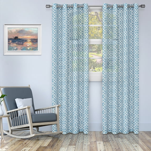 Semi-Sheer Embroidered Quatrefoil Curtain Panels, Light Blue