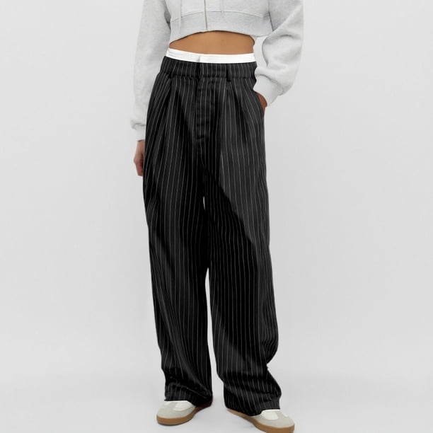 WILLBEST Pantalones Casuales de Verano para Mujer, con Rayas, Cintura Alta, Patchwork, Bolsillos Colgantes, Pierna Recta, Pantalones de Traje Casuales para Mujer Moderna Grande