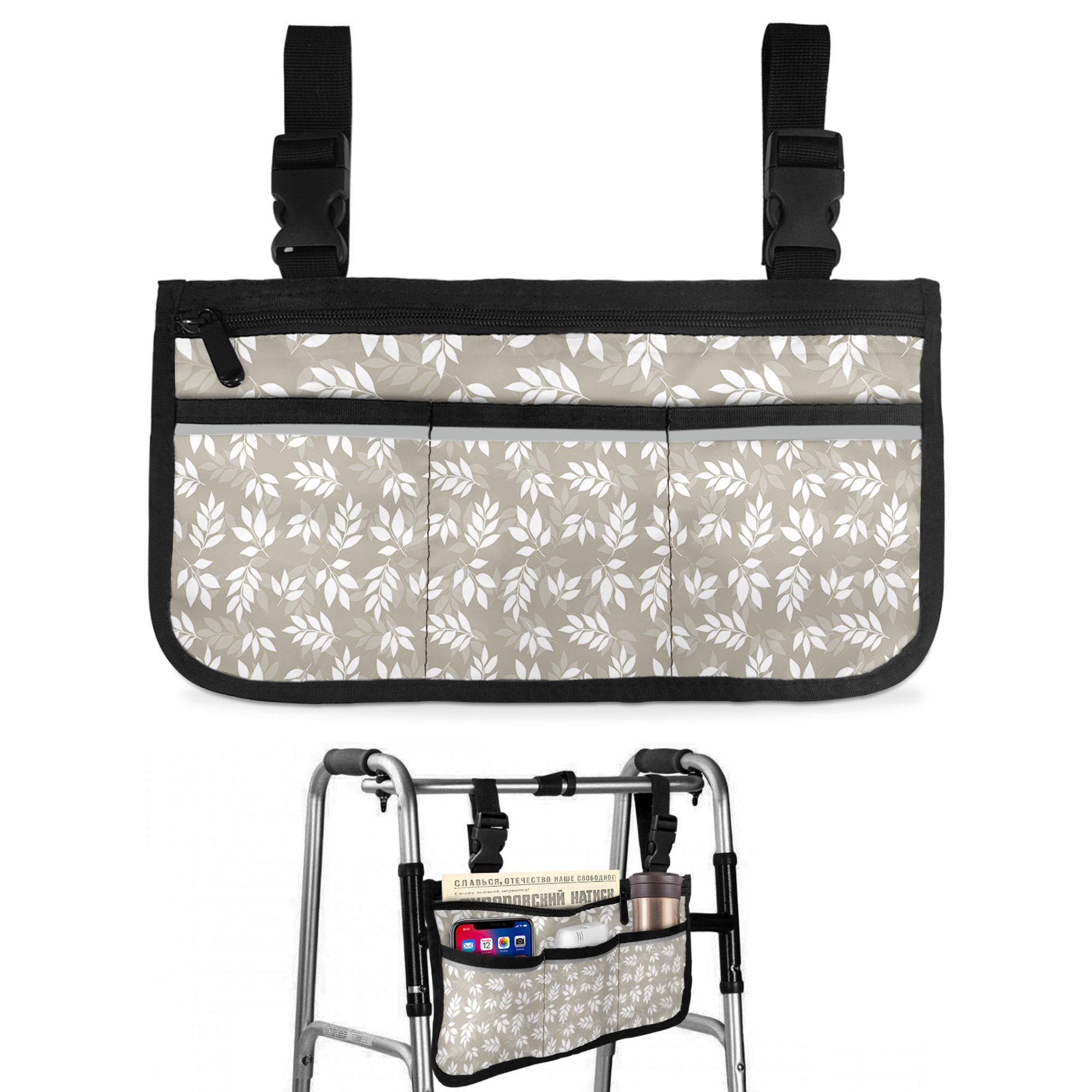 Beige White Leaves Wheelchair Side Bag Walk Bag Basket, Spring Pastoral Rustic Botanical Wheelchair Accessories Armrest Pouch, Organizer Storage Bags for Walkers, Rollators, Scooters, 7.3"x13"