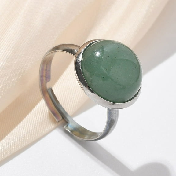 Half Round Natural Green Aventurine Finger Rings 304 Stainless Steel Adjustable Rings for Women Round: 14mm Size 7 1/4(17.5mm)
