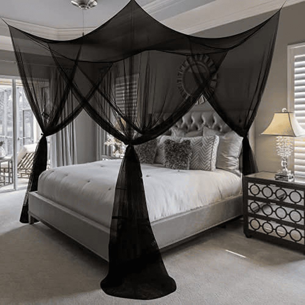 Wehilion Mosquito NET for Bed Canopy, Four Corner Post Curtains Bed Canopy Elegant Mosquito Net Set, Stick Hook for net, Screen Netting Canopy Curtains, Black