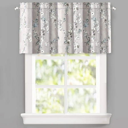DriftAway Mackenzie Abstract Floral Pattern Room Darkening Window Treatment Valance Rod Pocket 50 x24 +2  Header Blue Gray