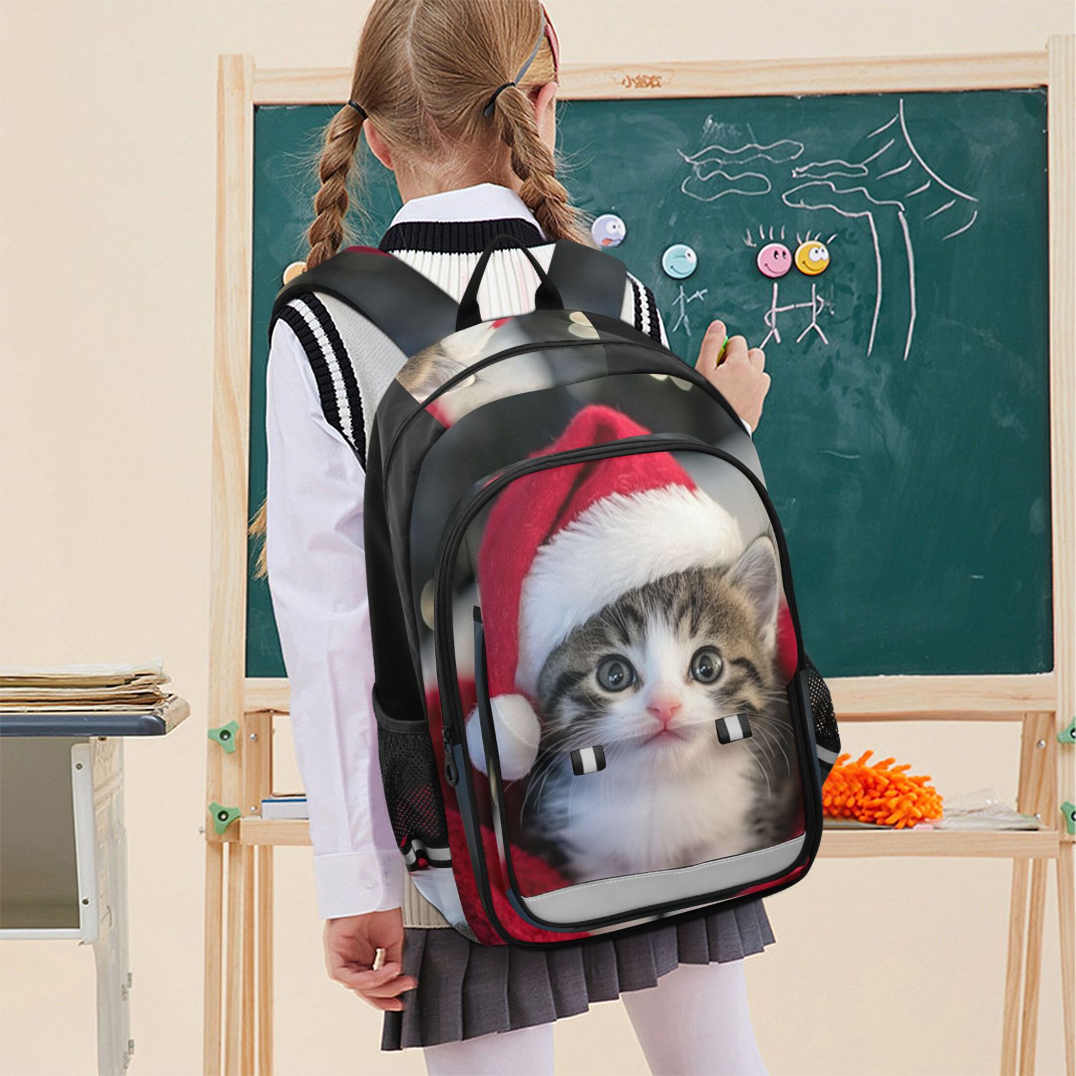 Backpack 12.9 *5.1 * 17.7 Inches Outing Backpack, Shopping Backpack, Travel Backpack Santa Hat Cat Picture